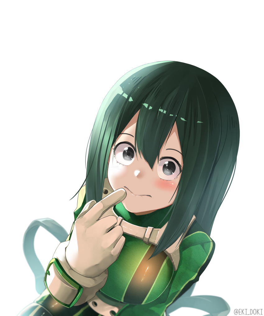 10s 1girl absurdres asui_tsuyu black_eyes black_hair blush bodysuit boku_no_hero_academia breasts eki_doki female_focus gloves hair_between_eyes highres long_hair looking_at_viewer medium_breasts solo twitter_username upper_body very_long_hair