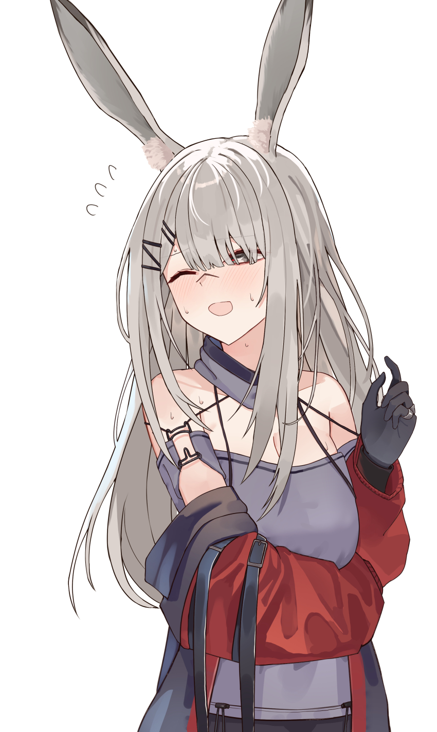1girl absurdres animal_ears arknights bare_shoulders black_gloves black_jacket blush breasts cleavage commentary_request cosplay flying_sweatdrops frostleaf_(arknights) frostleaf_(arknights)_(cosplay) frostnova_(arknights) gloves grey_eyes grey_hair grey_shirt hair_ornament hairclip halterneck highres jacket jewelry long_hair medium_breasts multiple_rings off_shoulder one_eye_closed open_mouth red_sleeves ring scar scar_on_face scar_on_nose shirt solo suzubotan sweat turning_head