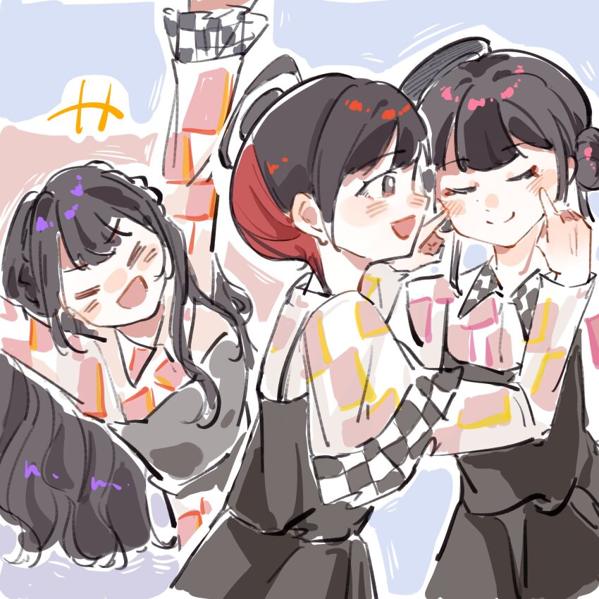 +++ 3girls :d animification arms_up black_dress black_hair blue_background braid checkered_clothes checkered_dress cheek_poking closed_eyes closed_mouth commentary double_bun dress hair_bun hashtag-only_commentary highres let&#039;s_be_one_(love_live!) long_hair long_sleeves looking_at_another love_live! love_live!_series_asia_tour_2024 love_live!_superstar!! misaki_nako moben multiple_girls official_alternate_costume open_mouth pink_dress poking real_life short_hair side_braids sideways_mouth single_side_bun smile split_mouth u_u v-shaped_eyebrows voice_actor yabushima_akane yuina_(voice_actor)