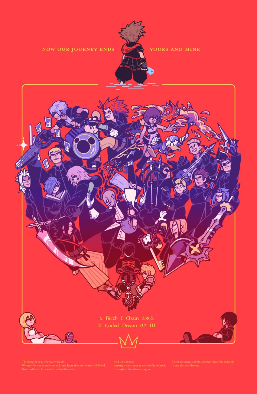 5girls 6+boys absurdres aqua_(kingdom_hearts) axel_(kingdom_hearts) battle black_coat_(kingdom_hearts) book bow_(weapon) byronb card coat copyright_name crossbow dagger demyx donald_duck dress energy_sword english_text everyone eyepatch goofy highres kairi_(kingdom_hearts) keyblade kingdom_hearts kingdom_hearts_358/2_days kingdom_hearts_birth_by_sleep kingdom_hearts_ii kingdom_hearts_iii knife larxene lexaeus luxord marluxia master_xehanort mickey_mouse mickey_mouse_&amp;_friends multiple_boys multiple_girls namine organization_xiii red_background riku_(kingdom_hearts) saix scar scythe shield short_dress smile sora_(kingdom_hearts) spiked_hair staff sword terra_(kingdom_hearts) unconscious vanitas_(kingdom_hearts) ventus_(kingdom_hearts) vexen weapon white_dress xaldin xemnas xigbar xion_(kingdom_hearts) zexion
