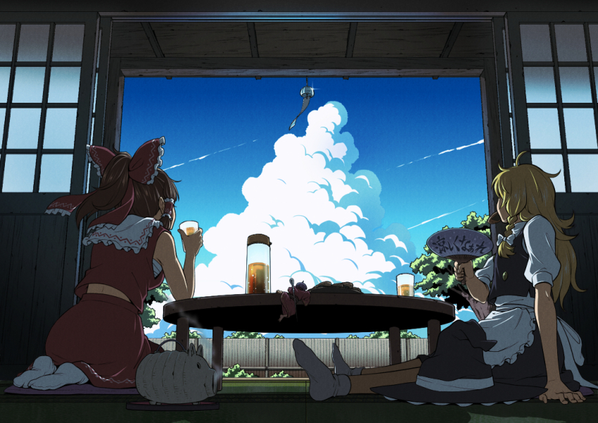 3girls barley_tea blonde_hair blue_sky bow brown_hair cloud commentary_request cushion from_behind hair_bow hakurei_reimu hand_fan hat indoors inuno_rakugaki kirisame_marisa long_hair medium_hair mini_person minigirl mosquito_coil multiple_girls needle paper_fan ponytail red_bow red_skirt red_vest sarashi seiza shouji sitting skirt sky sleeveless sliding_doors socks sukuna_shinmyoumaru summer table tatami touhou unworn_hat unworn_headwear vest wind_chime witch witch_hat zabuton