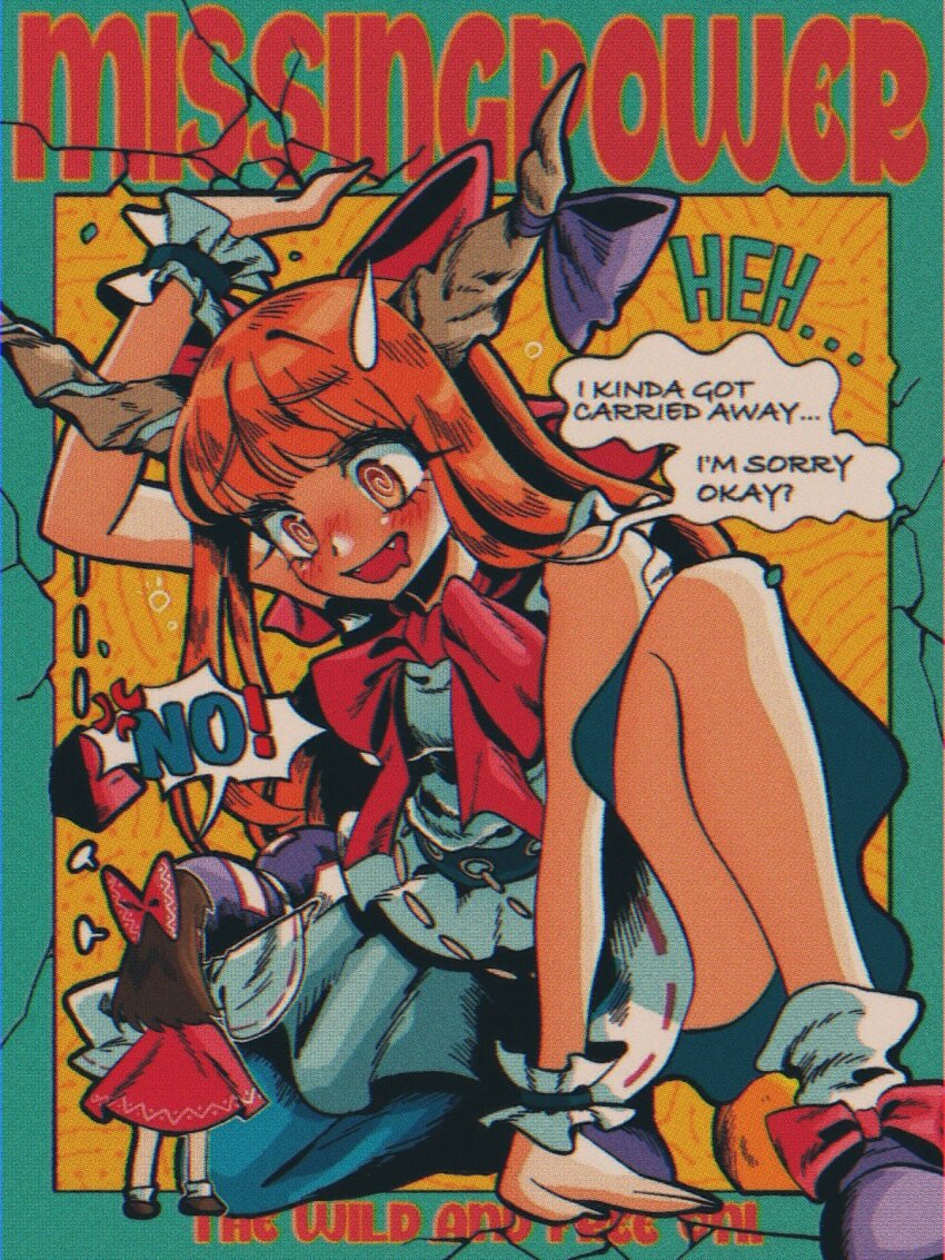 2girls @_@ bow brown_hair crack destruction dress english_text frilled_dress frills hakurei_reimu highres horns ibuki_suika immaterial_and_missing_power long_sleeves mememedama10 multiple_girls orange_eyes orange_hair purple_bow purple_shoes red_bow red_skirt shirt shoes skirt sleeveless sleeveless_dress sweatdrop touhou white_shirt white_skirt