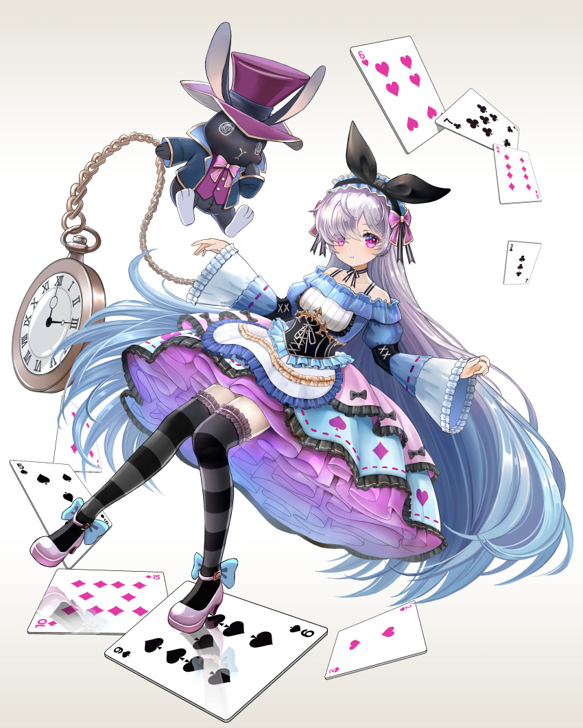 1girl absurdres alice_in_wonderland bare_shoulders black_corset black_hairband black_thighhighs blue_bow bow bow_hairband card club_(shape) commentary_request corset diamond_(shape) dress eight_of_diamonds_(playing_card) expressionless five_of_spades four_of_diamonds frilled_hairband frills full_body grey_background grey_hair hairband hat heart high_heels highres igusa_(rush26) king&#039;s_raid lavril_(king&#039;s_raid) long_sleeves looking_at_viewer off-shoulder_dress off_shoulder pink_shoes playing_card pocket_watch purple_eyes purple_hat roman_numeral seven_of_clubs shoes simple_background six_of_hearts six_of_spades solo spade_(shape) striped_clothes striped_thighhighs stuffed_animal stuffed_rabbit stuffed_toy ten_of_diamonds thighhighs top_hat two_of_hearts watch