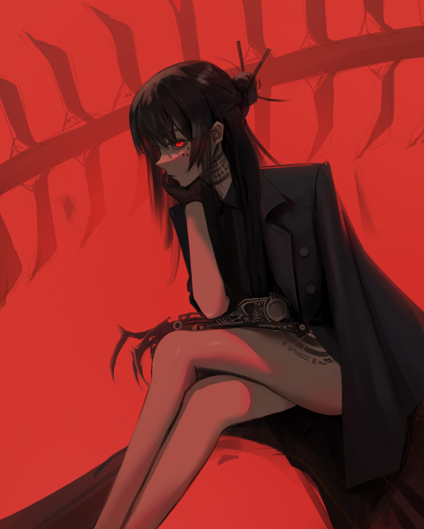 absurdres coat crossed_legs dark elbow_rest freckles gloves hair_bun hair_ornament highres legs long_bangs long_hair mawaw mecha neck_tattoo original red_background red_eyes robot single_glove tattoo