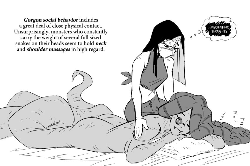 2girls andie_s_mint_(spicymancer) ass back black_hair blush breasts closed_eyes closed_mouth collar commentary completely_nude english_commentary english_text facing_to_the_side fangs glasses greyscale highres kneeling lamia long_hair long_tail looking_down lying massage monochrome monster_girl multiple_girls navel nude on_stomach original pants pince-nez scales shirt shoulder_massage simple_background sleeping snake_hair spicymancer straight_hair tail tied_shirt towel white_background yuri zzz