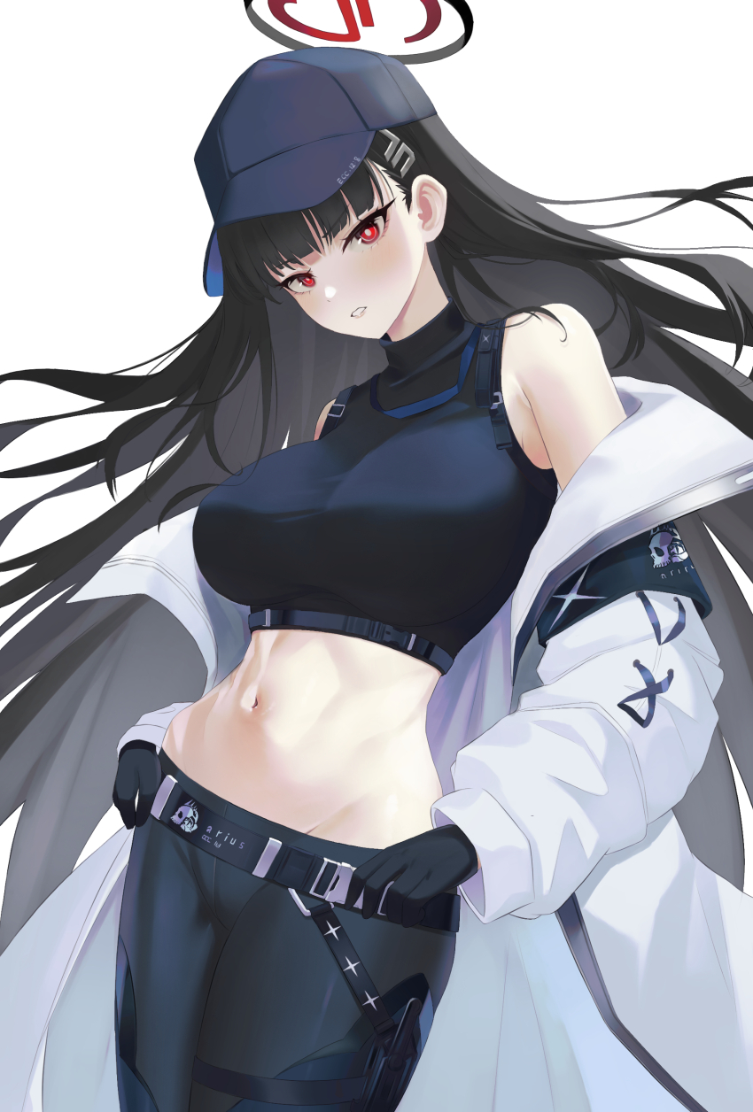 1girl absurdres alternate_costume bare_shoulders baseball_cap black_gloves black_hair black_hat black_pants black_shirt blue_archive breasts coat cosplay crop_top gloves halo hat highres large_breasts long_hair looking_at_viewer midriff navel pants red_eyes rio_(blue_archive) saori_(blue_archive) saori_(blue_archive)_(cosplay) shirt sleeveless sleeveless_shirt solo white_background white_coat ziz_(pandora707)