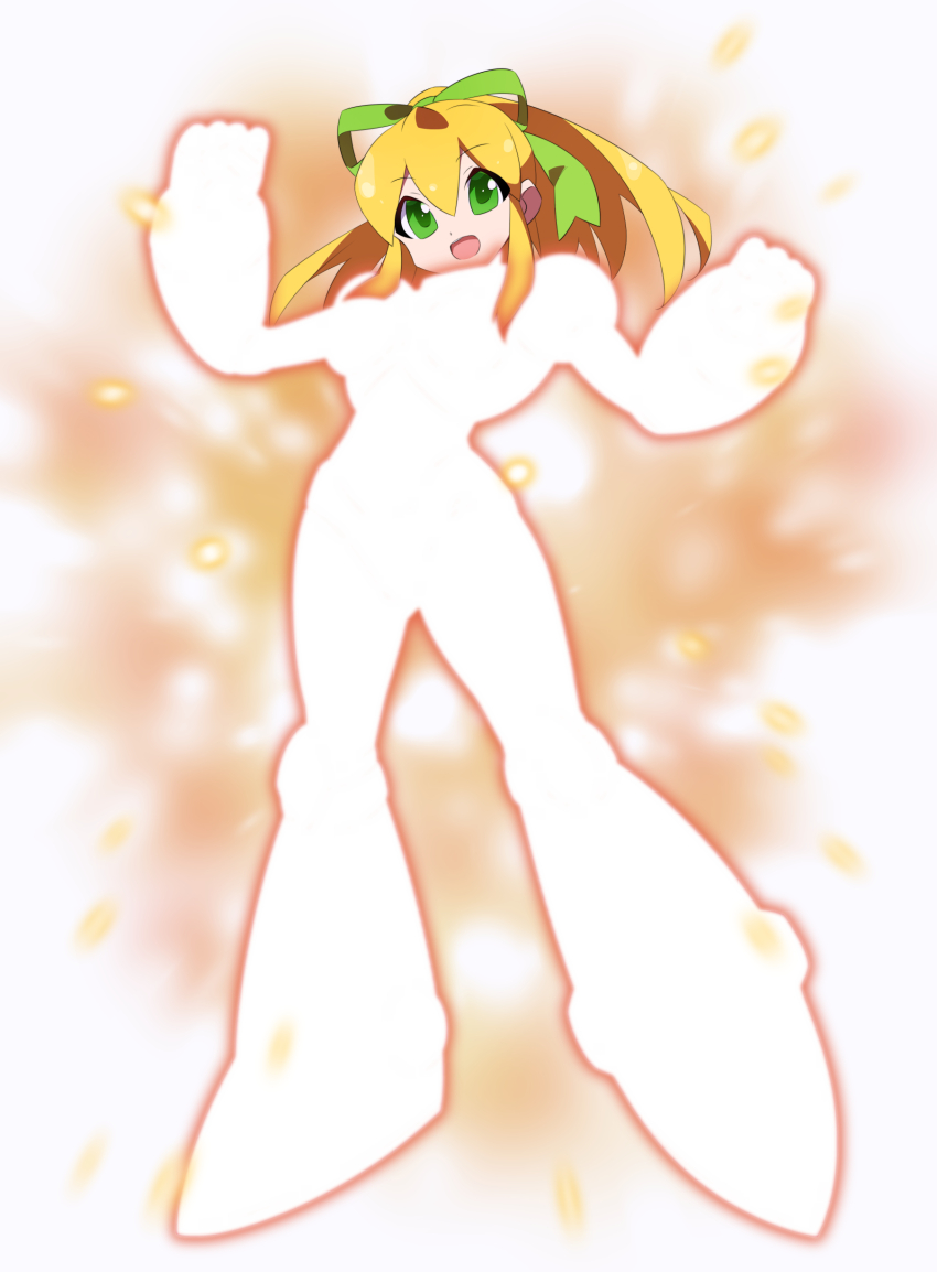absurdres aged_up android armor armored_boots armored_gloves arms_up blonde_hair blurry blurry_background boots breasts capcom clenched_hand clenched_hands glowing green_eyes green_ribbon hair_between_eyes hair_over_shoulder hair_ribbon henshin highres hyper_roll_(marvel_vs._capcom) joints kaidou_zx knee_boots knee_pads large_breasts long_hair marvel_vs._capcom marvel_vs._capcom_2 mechanical_boots mega_man_(series) miniskirt open_mouth ribbon robot_joints roll_(mega_man) sidelocks simple_background skirt smile sparks transformation white_background