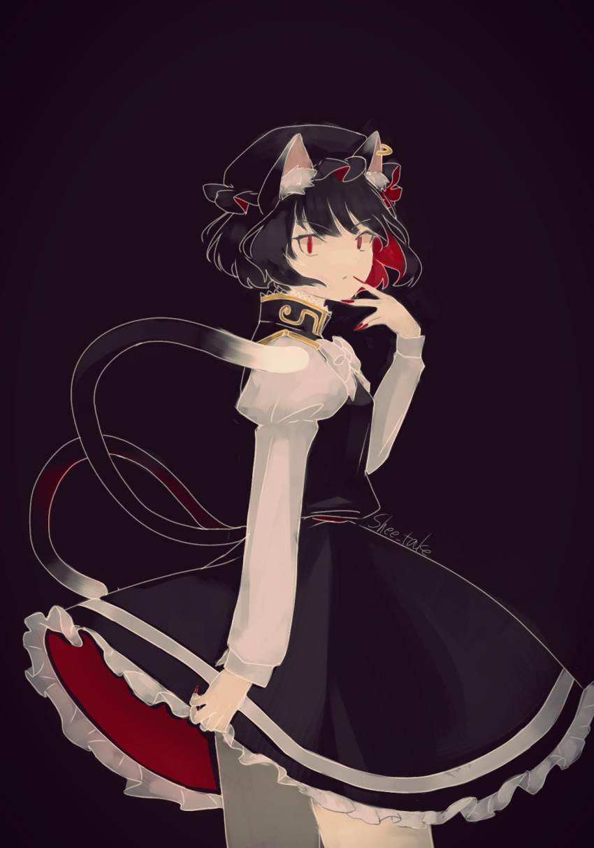 1girl alternate_color animal_ears artist_name black_background black_dress black_hair black_hat bow bowtie cat_ears cat_girl cat_tail chen colored_inner_hair commentary dress fingernails frilled_hat frills hat highres juliet_sleeves long_sleeves looking_at_viewer looking_to_the_side mob_cap multicolored_hair multiple_tails nail_polish petticoat puffy_sleeves red_eyes red_hair red_nails shee_take shirt short_hair simple_background solo tail touhou two-tone_hair two_tails white_shirt yellow_bow yellow_bowtie