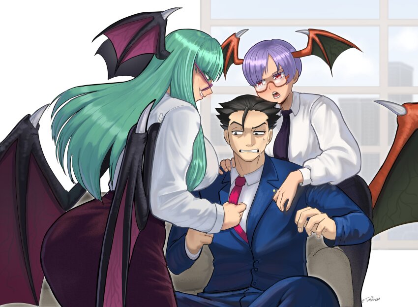 1boy 2girls absurdres ace_attorney artist_name ass black_hair black_necktie blue_jacket blue_pants breasts commentary company_connection crossover darkstalkers demon_girl demon_wings english_commentary glasses green_eyes green_hair head_wings highres indoors jacket large_breasts lilith_(darkstalkers) low_wings morrigan_aensland multiple_girls multiple_wings necktie office_lady orange_eyes pants phoenix_wright purple_hair purple_skirt semi-rimless_eyewear shirt short_hair sitting skirt slit_pupils spiked_hair tallinax twitter_username under-rim_eyewear white_shirt window wings