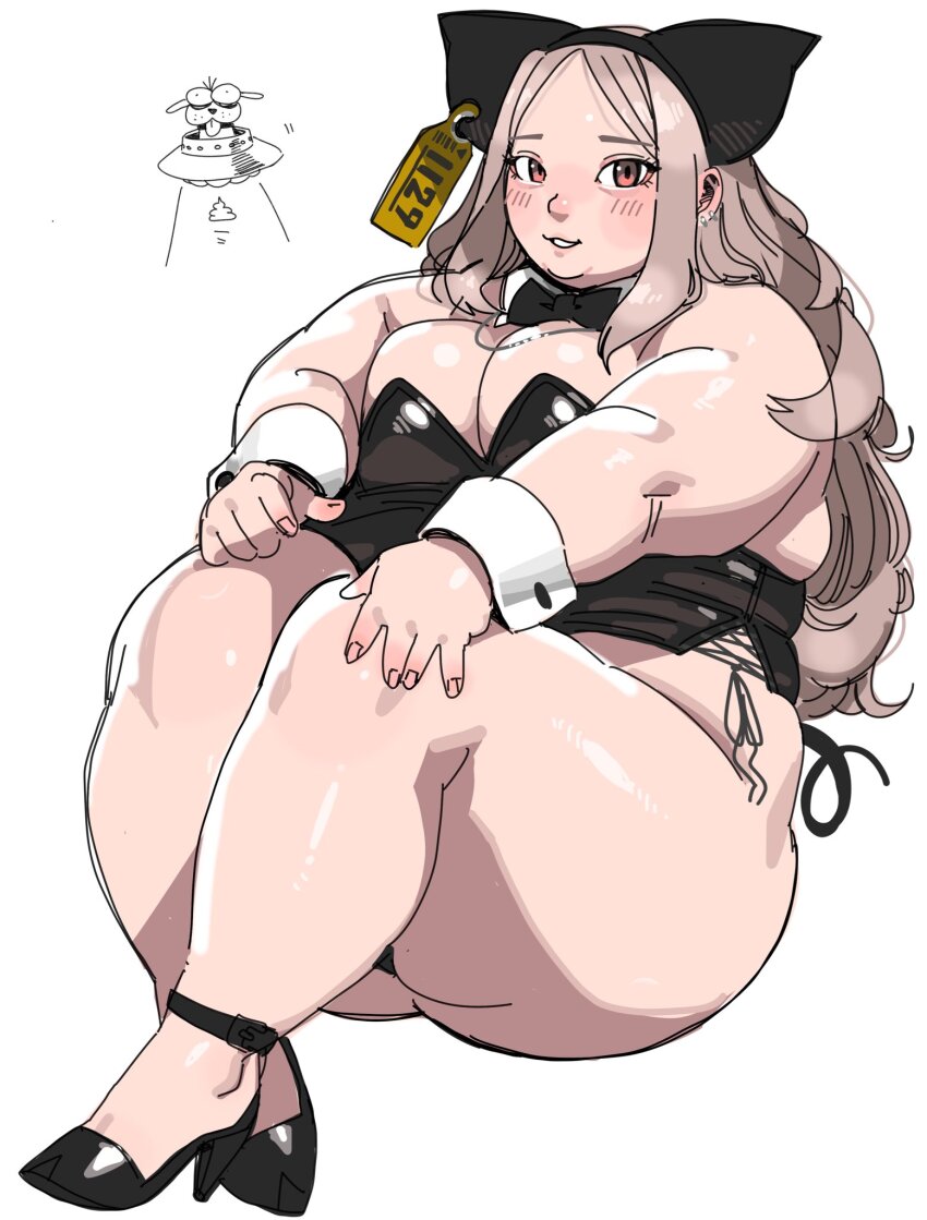 1girl animal_ear_hairband animal_ears ankle_strap black_bow black_bowtie black_hairband black_leotard black_shoes blush bow bowtie breasts breasts_squeezed_together brown_hair cleavage detached_collar dog ear_tag earrings fake_animal_ears fat fat_woman hairband hands_on_own_knees high_heels highres jewelry knees_up leotard lips long_hair medium_breasts necklace nose original pig_ears pig_tail pink_eyes playboy_bunny shoes sitting smile solo tail thick_arms thick_thighs thighs ufo utoka wavy_hair white_background wrist_cuffs