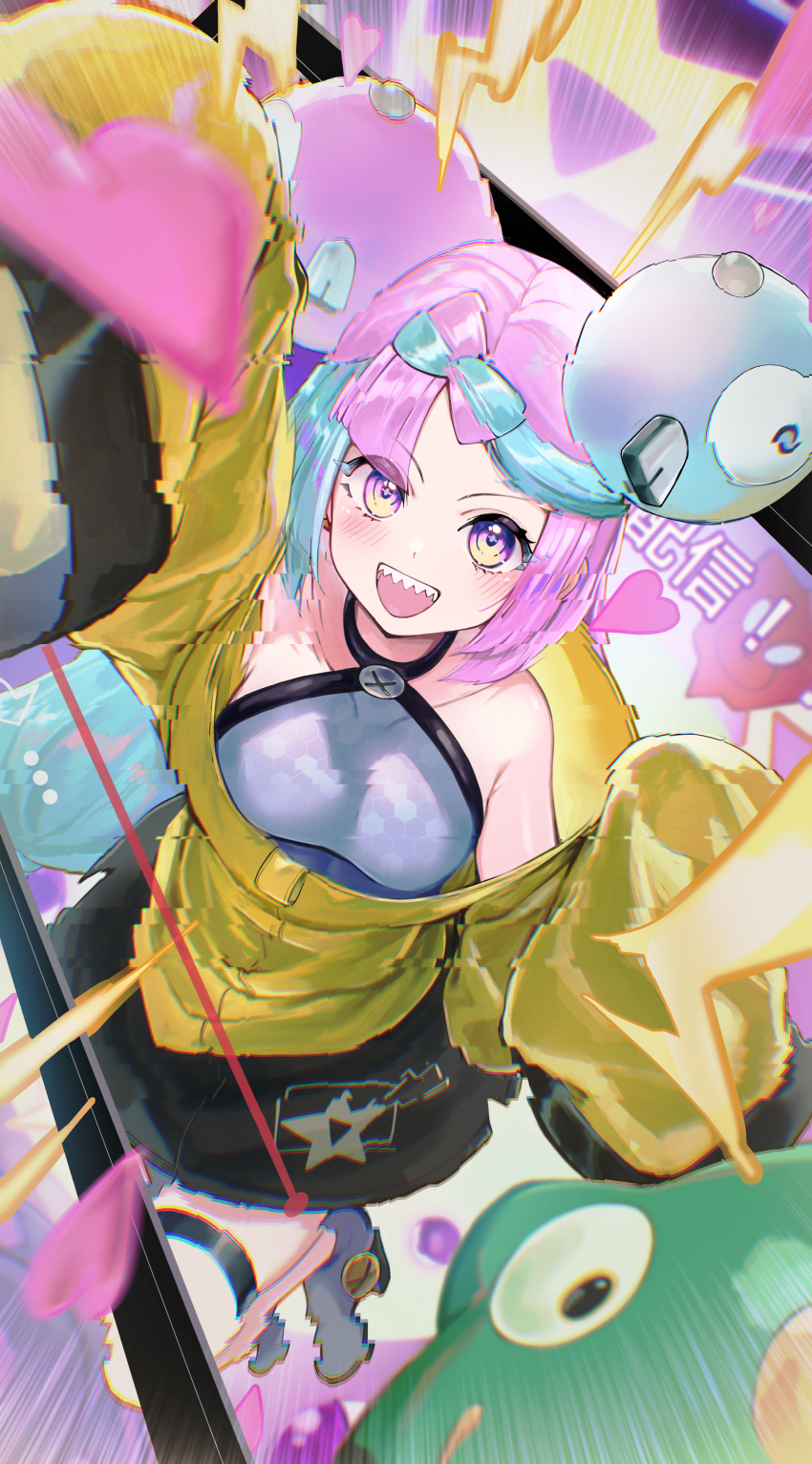 1girl absurdres bellibolt boots fake_hair_bun grey_boots grey_pantyhose hexagon_print highres iono_(pokemon) jacket multicolored_hair nanolife_87819 nintendo pantyhose pokemon pokemon_sv sharp_teeth single_leg_pantyhose sleeves_past_wrists split-color_hair teeth two-tone_hair yellow_jacket