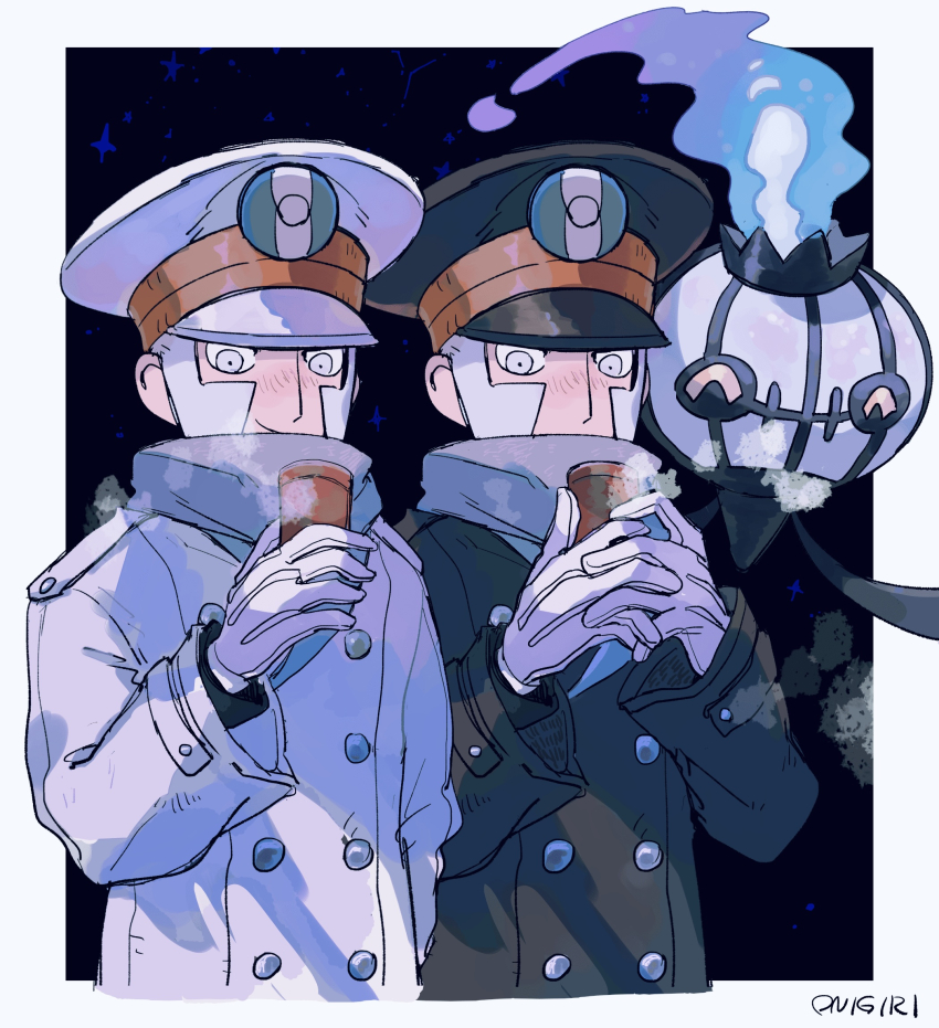 2boys black_coat black_hat blue_fire blush brothers chandelure coat cold cup emmet_(pokemon) fire gen_5_pokemon gloves grey_eyes grey_hair hat highres holding holding_cup ingo_(pokemon) long_sleeves looking_at_viewer male_focus multiple_boys nintendo onigiri_(ahku5522) pokemon pokemon_bw scarf short_hair siblings steam twins upper_body white_coat white_gloves white_hat winter winter_clothes