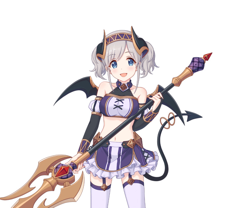 1girl akari_(princess_connect!) axe garter_straps grey_hair holding holding_axe horns medium_hair midriff official_art princess_connect! tail thighhighs transparent_background white_thighhighs wings