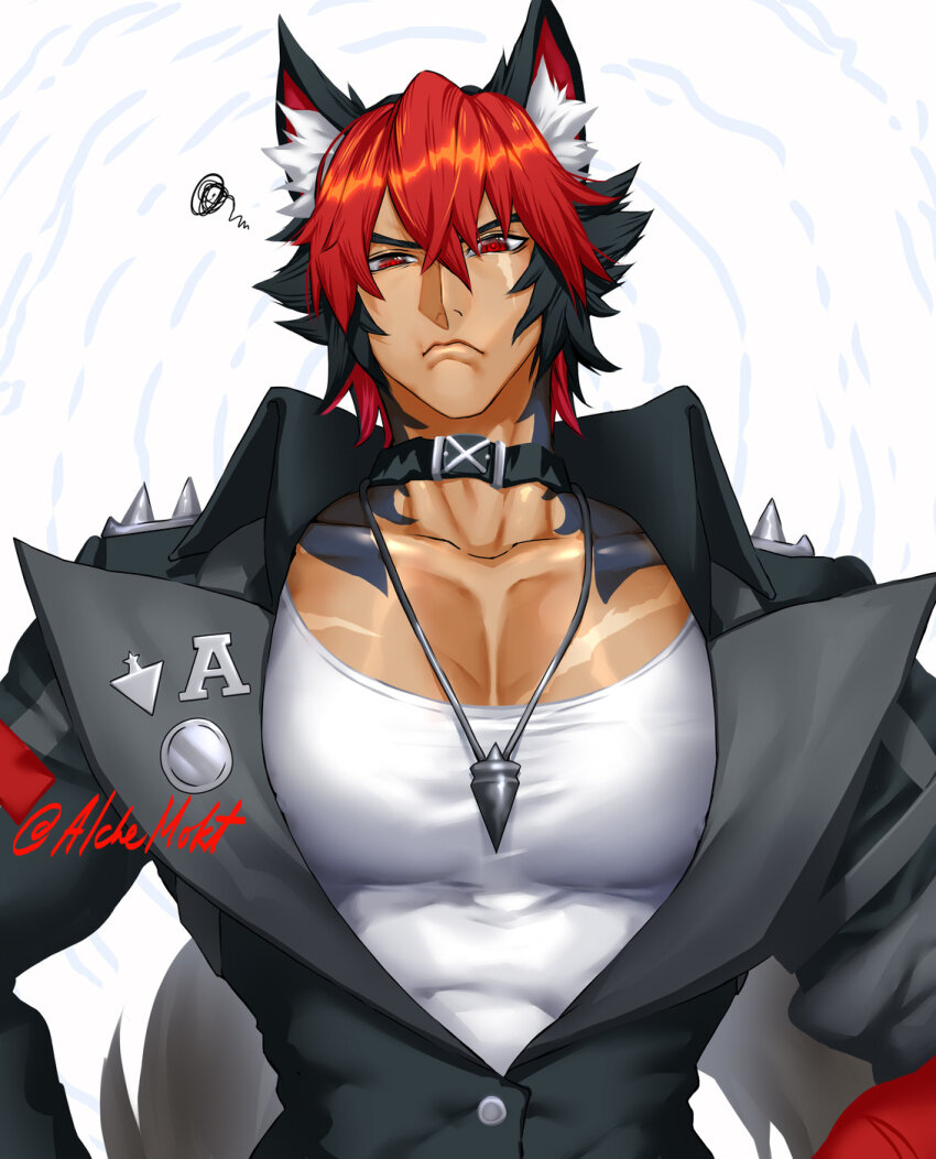 1boy animal_ears bara black_choker black_jacket choker dog_boy highres jacket jewelry komano_manato large_pectorals male_focus mokt_(alchemokt) multicolored_hair multiple_scars muscular muscular_male necklace pectorals piercing pout scar scar_across_eye scar_on_face shirt solo white_shirt zenless_zone_zero