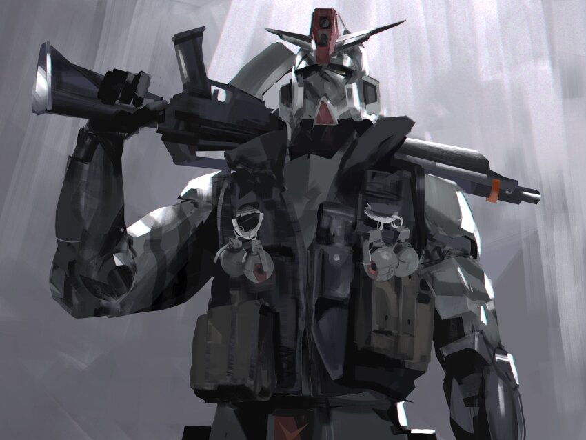 assault_rifle black_vest clothed_robot command_gundam commando_(movie) commentary gun gundam highres holding holding_gun holding_weapon looking_up mecha no_humans over_shoulder rifle rintaro_komori robot science_fiction sd_command_chronicles sd_gundam solo v-fin vest weapon weapon_over_shoulder yellow_eyes