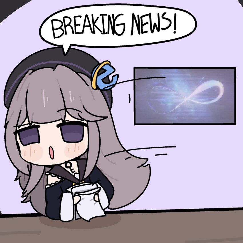 1girl :o black_hat blush breaking_news commentary english_commentary english_text grey_hair hat herta_(honkai:_star_rail) highres holding holding_paper honkai:_star_rail honkai_(series) infinity_symbol internet_explorer jewelry key key_necklace long_hair looking_at_viewer necklace nepnepping open_mouth paper purple_eyes solo speech_bubble upper_body