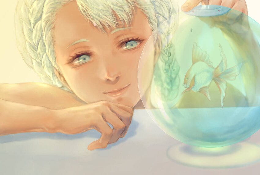 1girl blue_eyes braid braided_hair_rings chuchumy dark-skinned_female dark_skin fish fishbowl goldfish grey_eyes grey_hair gundam gundam_g_no_reconguista hair_rings highres raraiya_monday simple_background smile solo takeda_yuuko twin_braids