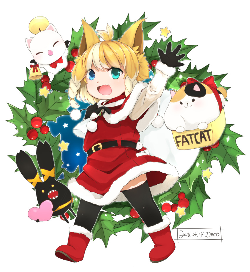1girl 2018 :d ahoge animal aqua_eyes arm_up artist_name bell belt belt_buckle black_belt black_gloves black_ribbon black_thighhighs blonde_hair blue_eyes boots braid buckle calico_(pattern) capelet cat christmas dated dress eyes_visible_through_hair fang final_fantasy final_fantasy_xiv full_body fur-trimmed_boots fur-trimmed_capelet fur-trimmed_dress fur-trimmed_sleeves fur_trim gloves heterochromia highres holding holding_sack lalafell leaf legs_apart long_sleeves looking_at_viewer misora_deco mistletoe moogle multicolored_hair open_mouth outline over_shoulder pointy_ears pom_pom_(clothes) red_capelet red_dress red_footwear ribbon sack santa_boots santa_costume santa_dress short_hair simple_background smile snowman spriggan_(final_fantasy) star_(symbol) streaked_hair thighhighs twin_braids two-tone_hair white_background white_hair white_outline zettai_ryouiki