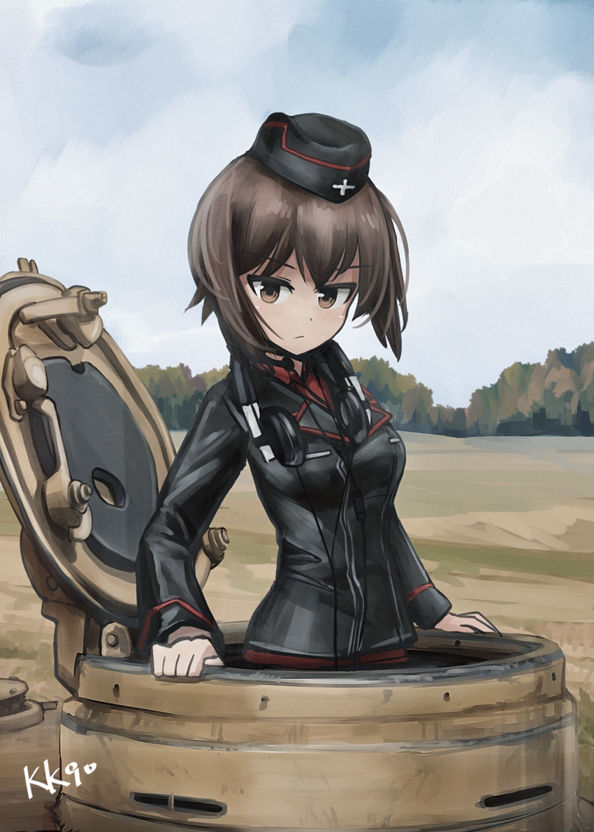 artist_name brown_eyes brown_hair garrison_cap girls_und_panzer hat headphones headphones_around_neck highres kk90 looking_at_viewer medium_hair military military_vehicle motor_vehicle nishizumi_maho open_hatch red_shirt shirt tank tiger_i