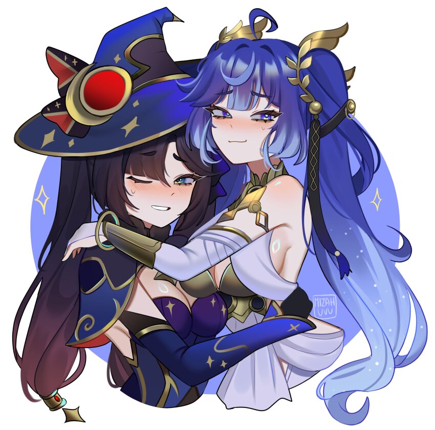 2girls absurdres artist_name bare_shoulders black_gloves blue_eyes blue_hair blue_hat blue_sleeves blush breasts cleavage closed_mouth commentary crossover english_commentary genshin_impact gloves gold_bra gradient_hair green_eyes hat head_wreath highres hug iuno_(wuthering_waves) large_breasts looking_at_viewer mizah_(mizah) mona_(genshin_impact) multicolored_hair multiple_girls one_eye_closed parted_lips simple_background smile sweatdrop twintails white_background witch_hat wuthering_waves