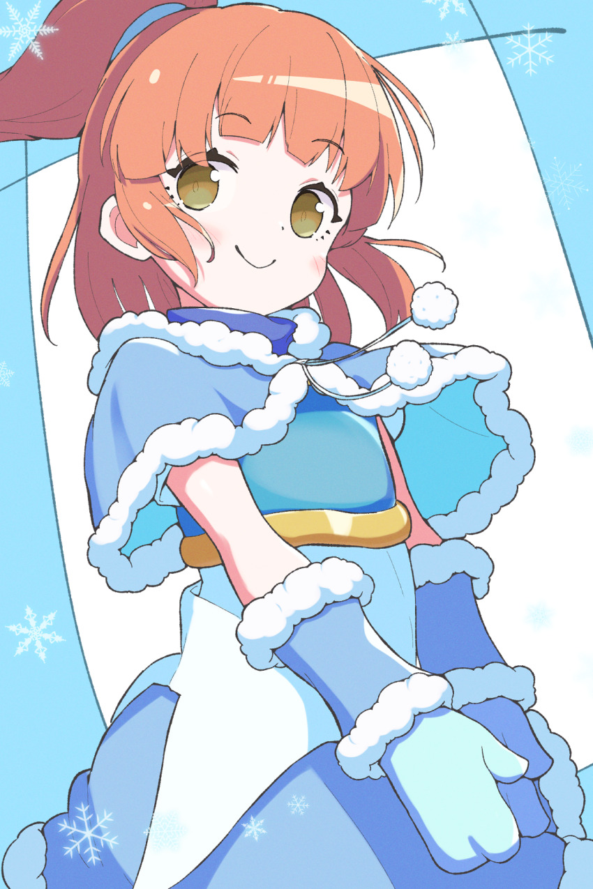 1girl arle_nadja arle_nadja_(winter_break)_(puyopuyo) blue_border blue_capelet blue_shirt blue_skirt blue_sleeves blunt_ends border brown_eyes c: capelet closed_mouth collared_capelet cowboy_shot crop_top detached_sleeves drawstring flat_chest fur-trimmed_capelet fur_trim happy high_ponytail highres jazz_grace light_blush long_skirt looking_to_the_side mittens official_alternate_costume orange_hair outside_border pom_pom_(clothes) pom_pom_drawstring ponytail puyopuyo puyopuyo_quest shirt sideways_glance skirt smile snowflakes solo turtleneck v_arms white_background white_shirt wind