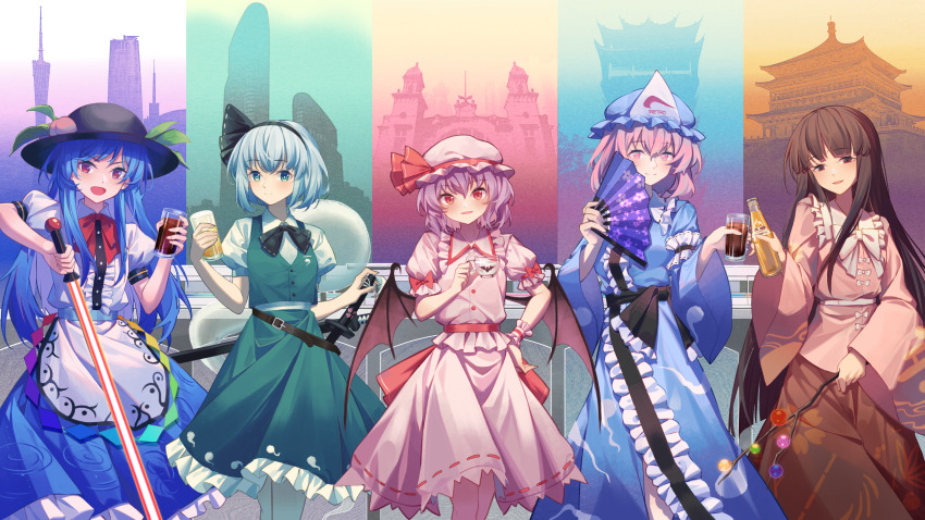 5girls absurdres bat_wings black_hair black_hairband black_hat blue_hair blue_hat blue_kimono bottle building chinese_commentary commentary_request congratulations cup green_skirt green_vest hairband hand_fan hand_on_own_hip hat highres hinanawi_tenshi holding holding_bottle holding_cup holding_fan holding_sword holding_weapon houraisan_kaguya japanese_clothes kimono konpaku_youmu long_hair looking_at_viewer minuo mob_cap multiple_girls peach_hat_ornament pink_eyes pink_hair pink_shirt print_fan purple_fan purple_hair red_eyes remilia_scarlet saigyouji_yuyuko shirt short_hair skirt smile sword touhou triangular_headpiece vest weapon white_hair white_shirt white_skirt wide_sleeves wings