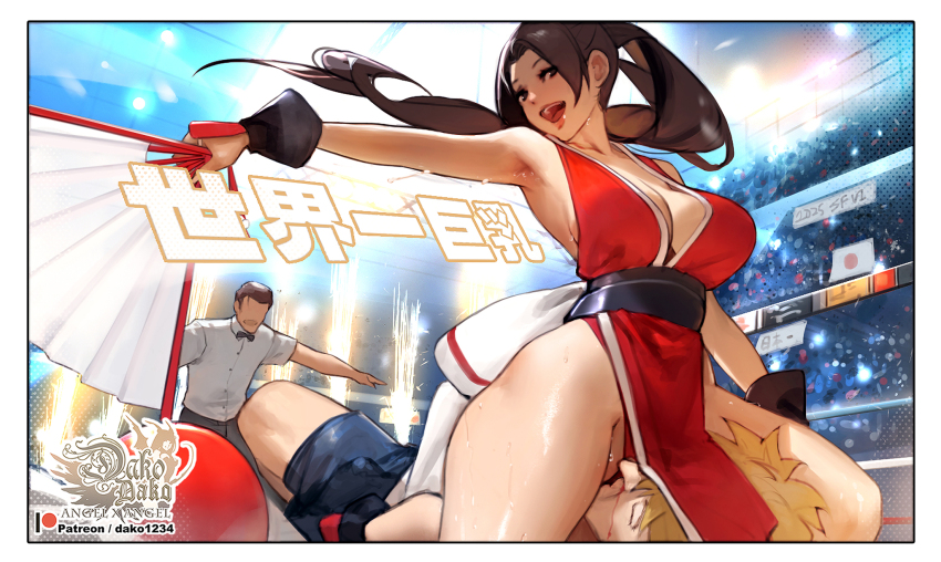 1girl 2boys arm_guards aroused_nosebleed audience black_pants blonde_hair blood blue_shorts boxing_ring breasts brown_eyes brown_hair cleavage collared_shirt commentary_request dress_shirt fatal_fury folding_fan girl_on_top hand_fan high_ponytail highres holding holding_fan hu_dako japanese_clothes large_breasts long_hair multiple_boys ninja nosebleed open_mouth pants pelvic_curtain ponytail referee shiranui_mai shirt short_hair shorts sitting sitting_on_face sitting_on_person sweat t-pose the_king_of_fighters translation_request white_shirt