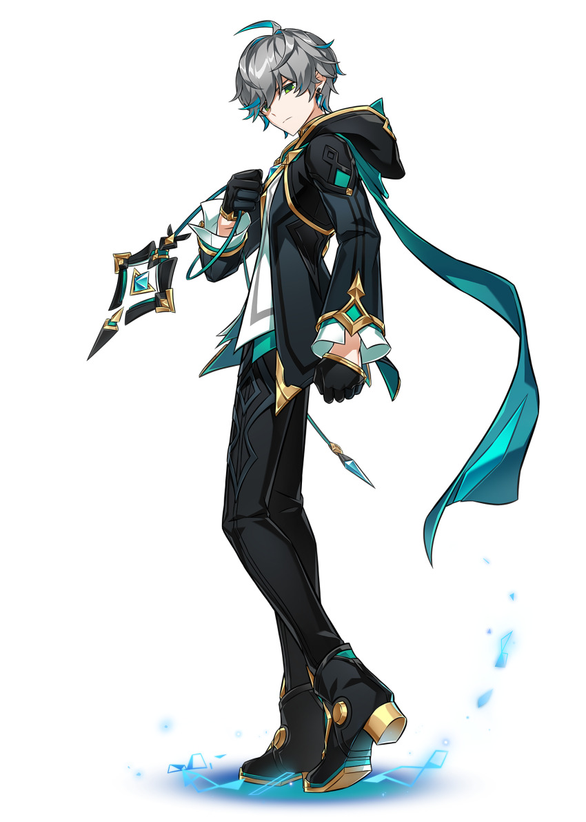 1boy ahoge ainchase_ishmael aqua_scarf aqua_shirt artist_request black_boots black_gloves black_jacket black_pants blue_hair boots clenched_hand closed_mouth colored_inner_hair dot_nose earrings elsword expressionless full_body gloves green_eyes grey_hair hair_between_eyes half_gloves high_heel_boots high_heels highres holding_pendant hood hood_down hooded_jacket jacket jewelry layered_sleeves light_frown looking_at_viewer magic male_focus multicolored_hair official_art open_clothes open_jacket pants scarf second-party_source shadow shirt short_hair solo standing tachi-e transparent_background white_shirt
