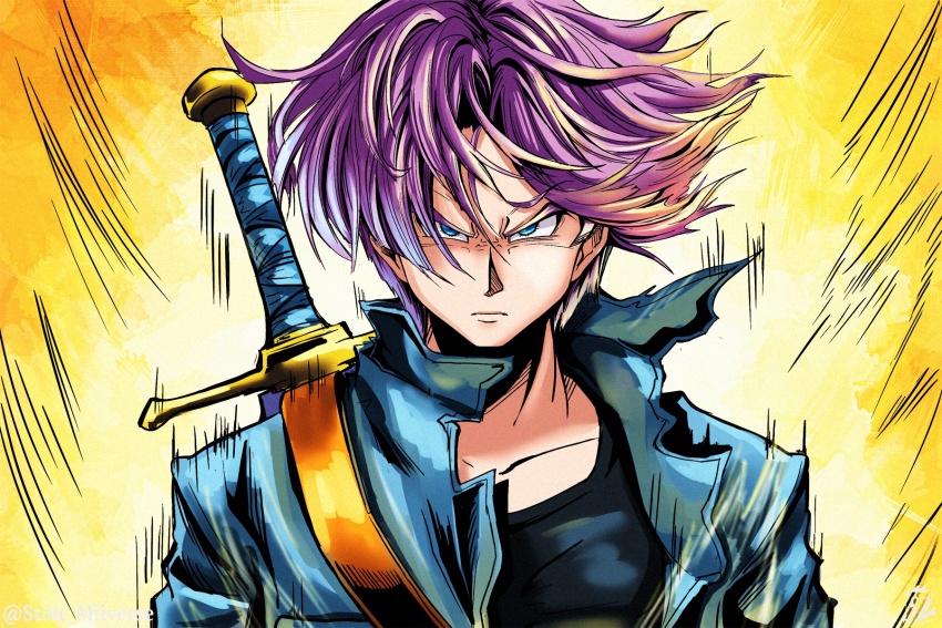 1boy aura blue_jacket commentary dragon_ball english_commentary frown glaring glowing green_eyes highres jacket looking_at_viewer male_focus purple_hair scabbard serious sheath short_hair stoic_seraphim sword sword_on_back trunks_(dragon_ball) trunks_(future)_(dragon_ball) weapon weapon_on_back yellow_background