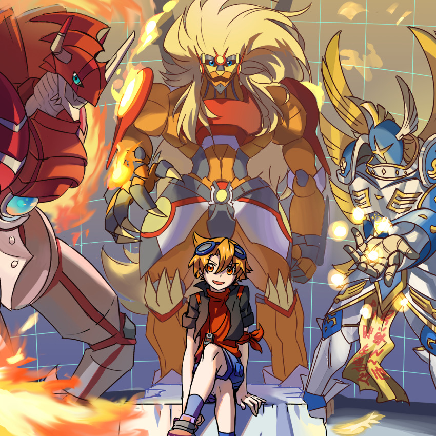 apollomon armor digimon goggles goggles_on_head highres koh_(digimon) lion looking_at_viewer seraphimon shinegreymon shinegreymon_burst_mode smile