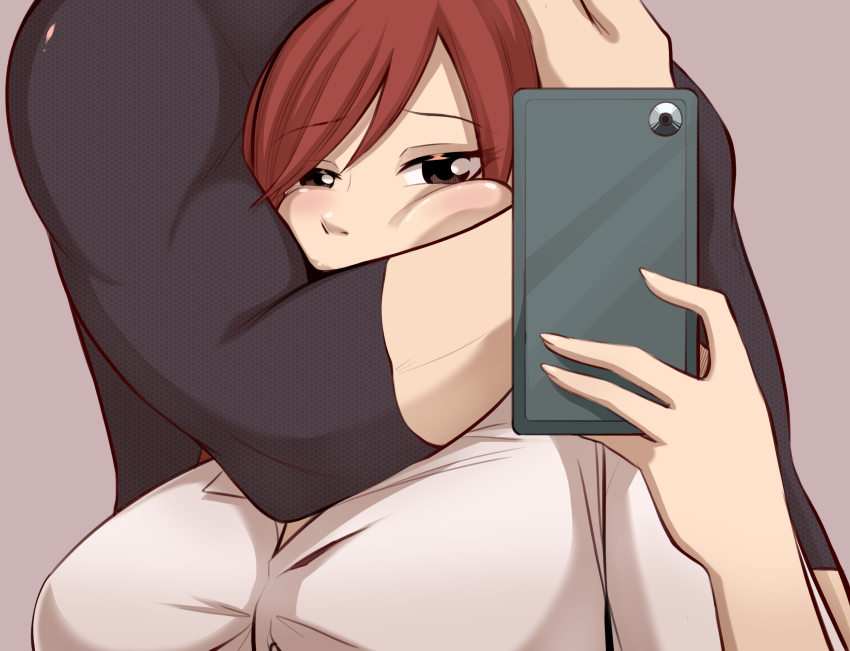 1boy 1girl black_bodysuit bodysuit breasts brown_eyes erza_scarlet fairy_tail flexing_around_head_(meme) heart highres holding holding_phone jellal_fernandes joshdinobarney large_breasts long_sleeves looking_at_viewer meme phone red_hair selfie simple_background textless_version twitter