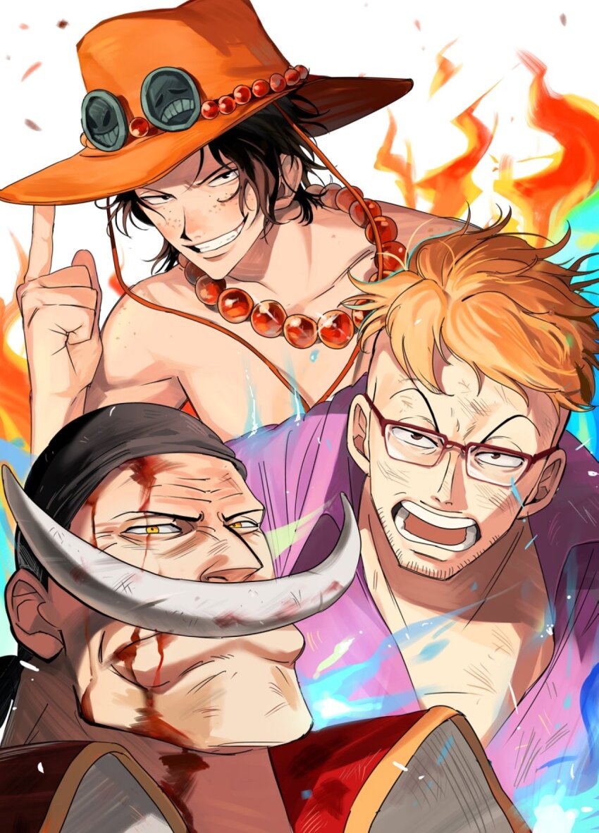 3boys bandana beard_stubble black_bandana black_hair blonde_hair blood blood_on_face blue_fire collared_coat commentary_request edward_newgate facial_hair finger_on_hat fire freckles glasses hat highres jewelry korean_commentary long_mustache looking_at_viewer male_focus marco_(one_piece) multiple_boys mustache necklace one_piece open_mouth orange_hat pearl_necklace portgas_d._ace purple_shirt sam_one111 shirt short_hair stubble topless_male yellow_eyes