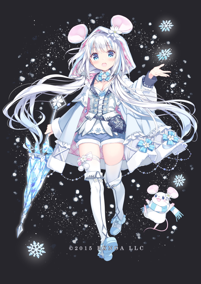 1girl :d absurdres animal animal_ears animal_hood black_background blue_eyes blue_hair blue_shorts blush boots breasts cleavage commentary_request fake_animal_ears flower flower_knight_girl fringe_trim fur-trimmed_shorts fur_trim highres holding holding_polearm holding_weapon hood hood_up hooded_jacket jacket kimishima_ao lance long_hair looking_at_viewer low_twintails medium_breasts mouse_(animal) mouse_ears mouse_hood multicolored_hair open_clothes open_jacket open_mouth polearm puffy_shorts scarf shirt short_shorts shorts smile snowflakes snowing solo streaked_hair thigh_boots thighhighs thighhighs_under_boots twintails very_long_hair weapon white_boots white_flower white_hair white_jacket white_shirt white_thighhighs wide_sleeves