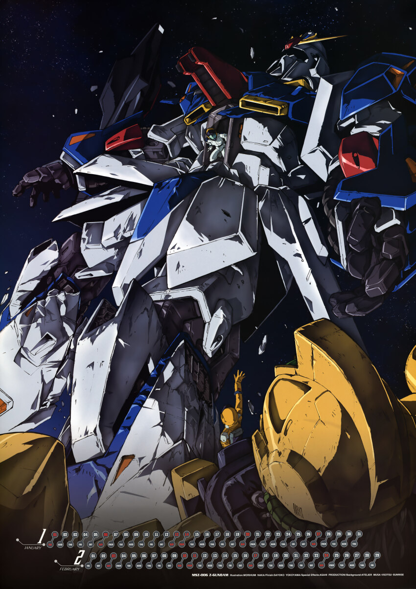 1980s_(style) 1990s_(style) 1boy 1girl absurdres aeug after_battle calendar_(medium) damaged debris dirty fa_yuiry gundam highres kamille_bidan machinery mecha mecha_pilot_suit methuss mobile_suit naka_morifumi official_art oldschool open_cockpit open_hatch retro_artstyle robot science_fiction space star_(sky) traditional_media v-fin when_you_see_it wreckage zero_gravity zeta_gundam zeta_gundam:_a_new_translation zeta_gundam_(mobile_suit)