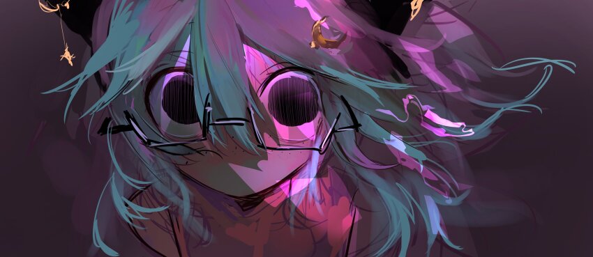 74r0l9 absurdres animal_ears autooohyo black-framed_eyewear black_eyes brown_background cat_ears commission crescent freckles glasses green_hair hair_ornament highres looking_at_viewer o_o original rectangular_eyewear tagme