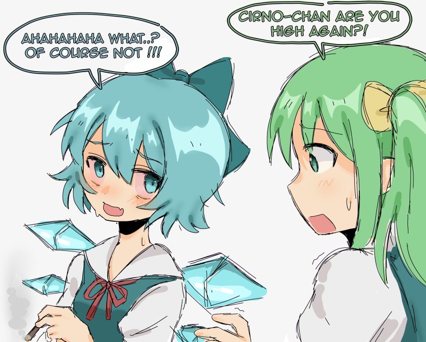 2girls :d absurdres bloodshot_eyes blue_bow blue_eyes blue_hair blue_vest bow cigarette cirno colored_sclera crystal daiyousei drugged english_text fang green_eyes green_hair hair_between_eyes hair_bow hair_ribbon highres holding holding_cigarette ice ice_wings joint_(drug) lies looking_at_another marijuana multiple_girls neckerchief open_mouth pink_sclera rectangular_mouth ribbon shirt simple_background sketch skin_fang smile smoking snale speech_bubble sweat touhou upper_body vest white_background white_shirt wings yellow_ribbon