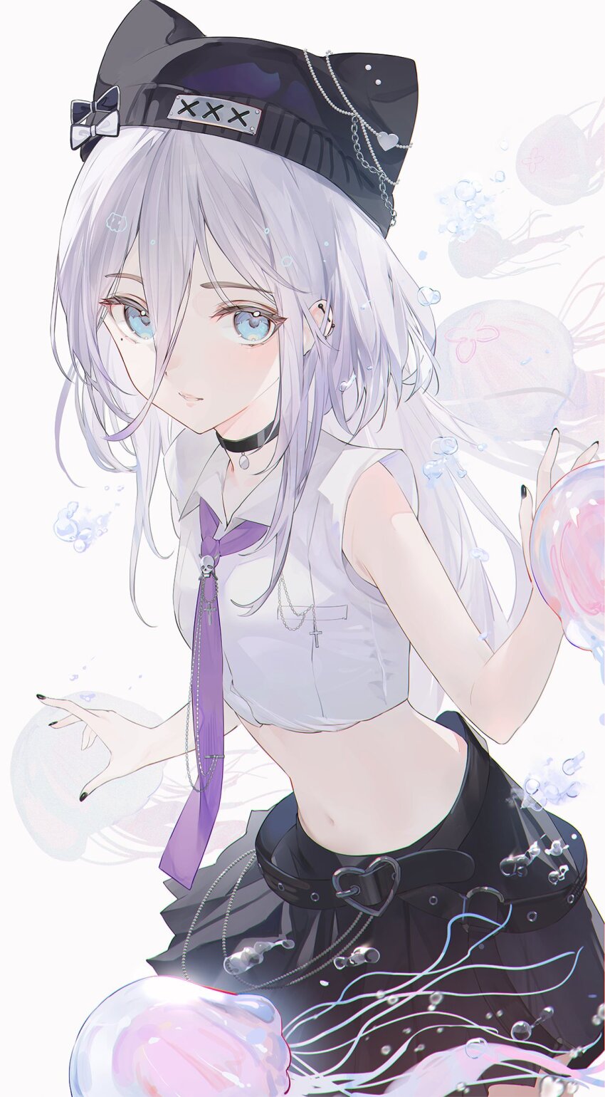 1girl animal_hat bare_arms beanie belt black_belt black_choker black_hat black_nails black_ribbon black_skirt blush bow breasts cat_hat chain charm_(object) choker collared_shirt cropped_shirt ear_piercing from_side full_body green_eyes grey_background grey_hair hair_between_eyes hat highres holster jellyfish kaga_sumire kaga_sumire_(2nd_costume) long_hair looking_at_viewer midriff miniskirt nail_polish nakashima_(pluscolor) necktie open_mouth pendant_choker piercing plaid pleated_skirt purple_necktie ribbon shirt sidelocks simple_background skirt sleeveless sleeveless_shirt small_breasts smile solo standing stomach virtual_youtuber vspo! white_shirt