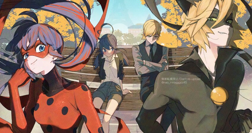 1boy 1girl animal_ears bell bench black_bodysuit black_jacket black_mask black_necktie black_vest blonde_hair blue_eyes blue_hair blush bodysuit cat_ears chat_noir collared_shirt commentary crossed_arms domino_mask eye_mask felix_(miraculous_ladybug) green_eyes grey_shirt highres jacket jingle_bell ladybug_(character) marinette_dupain-cheng mask miraculous_ladybug multicolored_hair necktie on_bench polka_dot red_bodysuit red_hair red_mask seio_(nao_miragggcc45) shirt sitting smile streaked_hair superhero_costume twintails two-tone_hair vest white_shirt wooden_bench