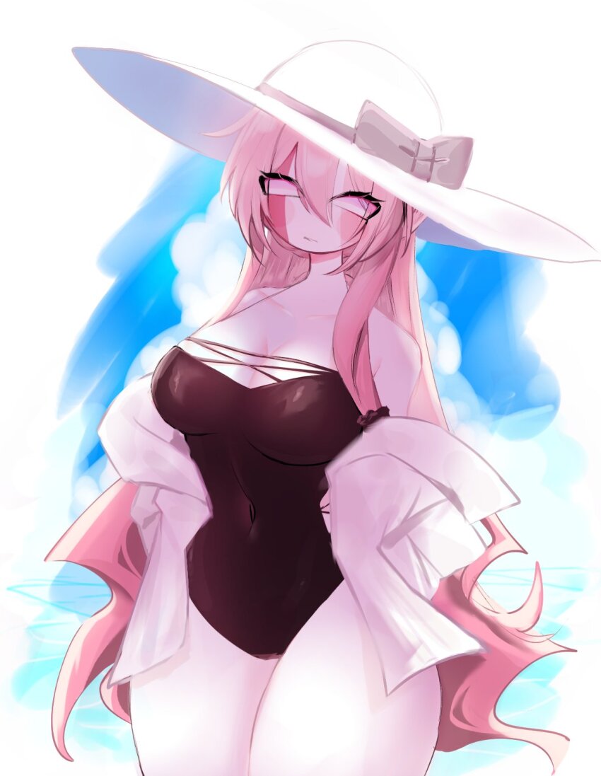 1girl blush breasts cleavage colored_skin friday_night_funkin&#039; hat highres large_breasts long_hair looking_at_viewer multicolored_skin one-piece_swimsuit pink_hair pink_skin sarvente_(friday_night_funkin&#039;) sun_hat swimsuit swimsuit_cover-up thick_thighs thighs usa37107692 white_eyes white_skin wide_hips