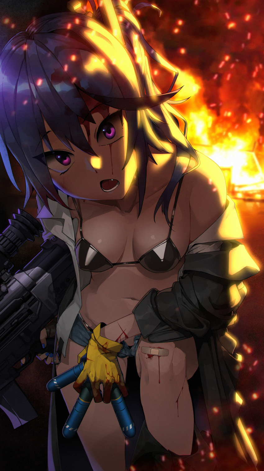 1girl 20x30mm_lv 20x30mm_lv_p_k168 absurdres airburst_grenade_launcher ammunition assault_rifle asymmetrical_gloves bandaid bandaid_on_knee bandaid_on_leg bikini black_bikini black_gloves blood blue_hair blue_nails bolt-action_grenade_launcher bolt_action breasts bullpup burst_fire_gun burst_fire_rifle cannon_cartridge carbine coat collarbone commission computerized_scope cuts daewoo_k11 denim denim_shorts explosive fingerless_gloves fire girls&#039;_frontline gloves grenade grenade_cartridge grenade_launcher gun hair_between_eyes highres holding holding_gun holding_weapon injury k11_(girls&#039;_frontline) long_hair looking_at_viewer lower_teeth_only medium_breasts mismatched_gloves multi-weapon multiple-barrel_gun nail_polish navel off_shoulder open_mouth pixiv_commission practice_round precision-guided_firearm purple_eyes rifle scope sd_bigpie short-barreled_rifle short_shorts shorts sight_(weapon) smart_scope solo subsonic_ammunition swimsuit teeth telescopic_sight thermal_weapon_sight underbarrel_assault_rifle weapon yellow_gloves