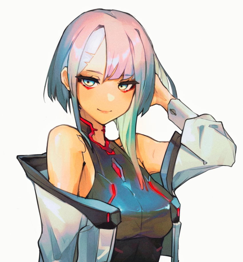 1girl arm_up asymmetrical_hair bare_shoulders bodysuit breasts cyberpunk_(series) cyberpunk_edgerunners cyborg eyeliner hand_on_own_head highres ice_calm lucy_(cyberpunk) medium_breasts multicolored_eyes multicolored_hair parted_bangs red_eyeliner short_hair smile solo white_background