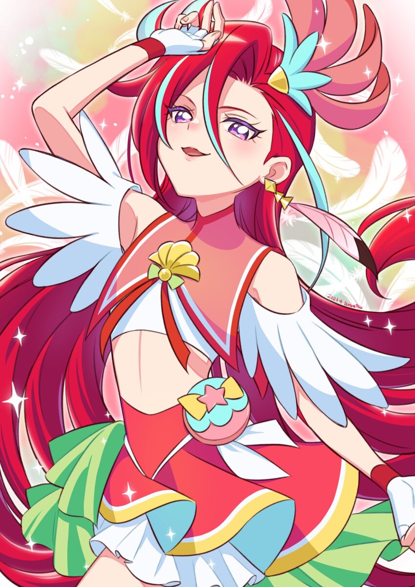 1girl blue_hair bun_(jewd5385) clothing_cutout cure_flamingo earrings feather_earrings feathers fingerless_gloves gloves highres jewelry layered_skirt long_hair magical_girl midriff multicolored_hair pouch precure purple_eyes red_hair red_sailor_collar sailor_collar shell_brooch shoulder_cutout single_earring skirt solo streaked_hair takizawa_asuka tropical-rouge!_precure very_long_hair white_gloves
