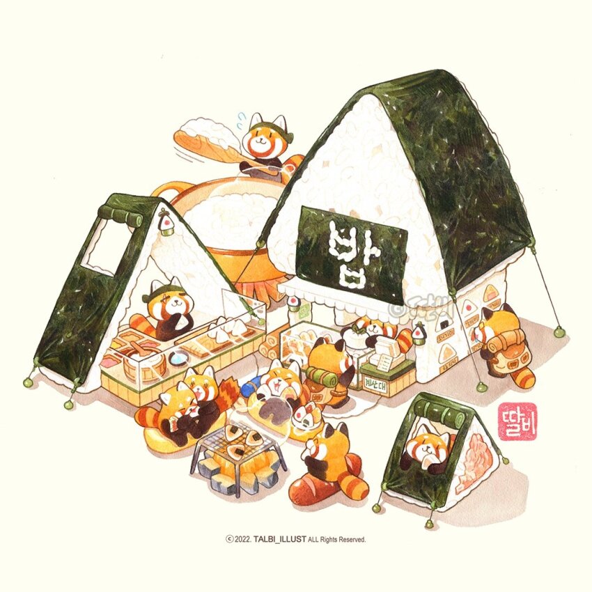 2022 animal_focus artist_name building campfire cooking cooking_pot copyright_notice eating flying_sweatdrops food food_focus giving holding holding_food holding_spoon no_humans onigiri original oversized_food oversized_object rice shadow shop simple_background spoon sushi talbi tanuki tent watermark white_background wooden_spoon