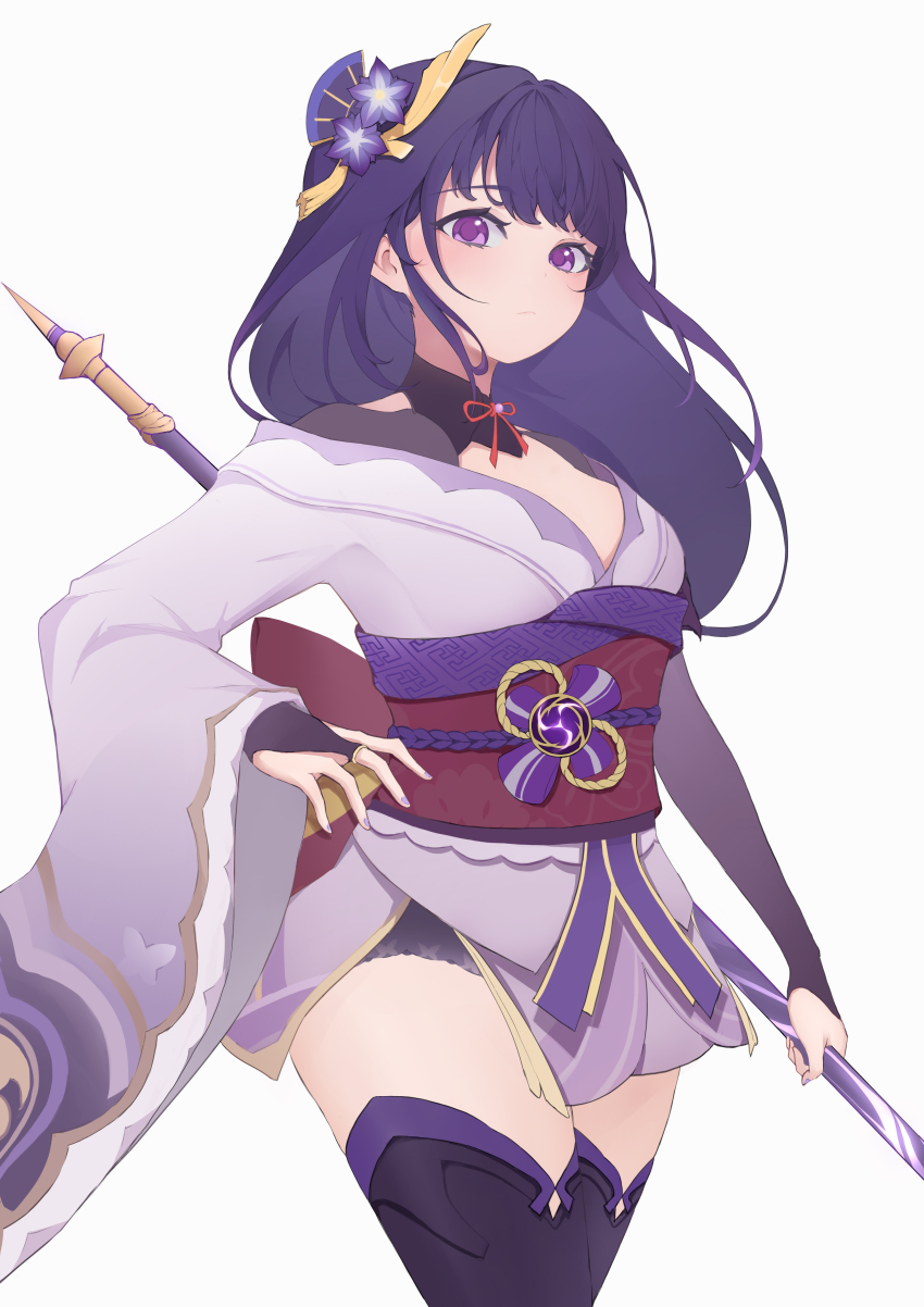 1girl absurdres breasts bridal_gauntlets chinese_commentary cowboy_shot detached_collar fingernails flower genshin_impact hand_on_own_hip highres holding holding_polearm holding_spear holding_weapon japanese_clothes keke_hetao_lu kimono knot long_hair looking_at_viewer medium_breasts morning_glory nail_polish obi polearm purple_eyes purple_hair purple_nails raiden_shogun sash short_kimono simple_background solo spear thighhighs thighs weapon white_background wide_sleeves