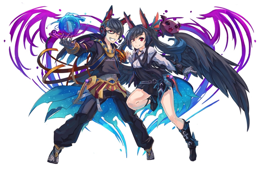 1boy 1girl anubis_(p&amp;d) anubis_(p&amp;d)_(cosplay) armor bad_id bad_pixiv_id baddie_(p&amp;d) black_hair black_wings blush boots cosplay glasses gloves holding_hands headphones heart hetero idunna_(p&amp;d) image_sample jewelry kurokitsune_(float0108) leg_up long_hair looking_at_viewer magic md5_mismatch microphone open_mouth pants pixiv_sample pointy_ears puzzle_&amp;_dragons reco_(p&amp;d) red_eyes shirt shoes short_hair smile teeth twitch wings 黒狐
