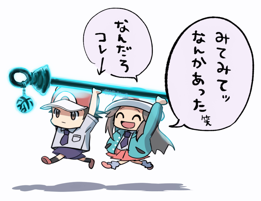 1boy 1girl :d ^_^ breast_pocket cbpea1 chibi closed_eyes collared_shirt commentary_request green_jacket hat highres jacket leaf_(pokemon) leaf_(sygna_suit)_(pokemon) loose_socks necktie nintendo open_mouth pink_shoes pink_skirt pleated_skirt pocket pokemon pokemon_frlg pokemon_masters_ex pokemon_sv red_(pokemon) school_uniform shirt shoes shorts skirt smile socks speech_bubble translation_request white_hat