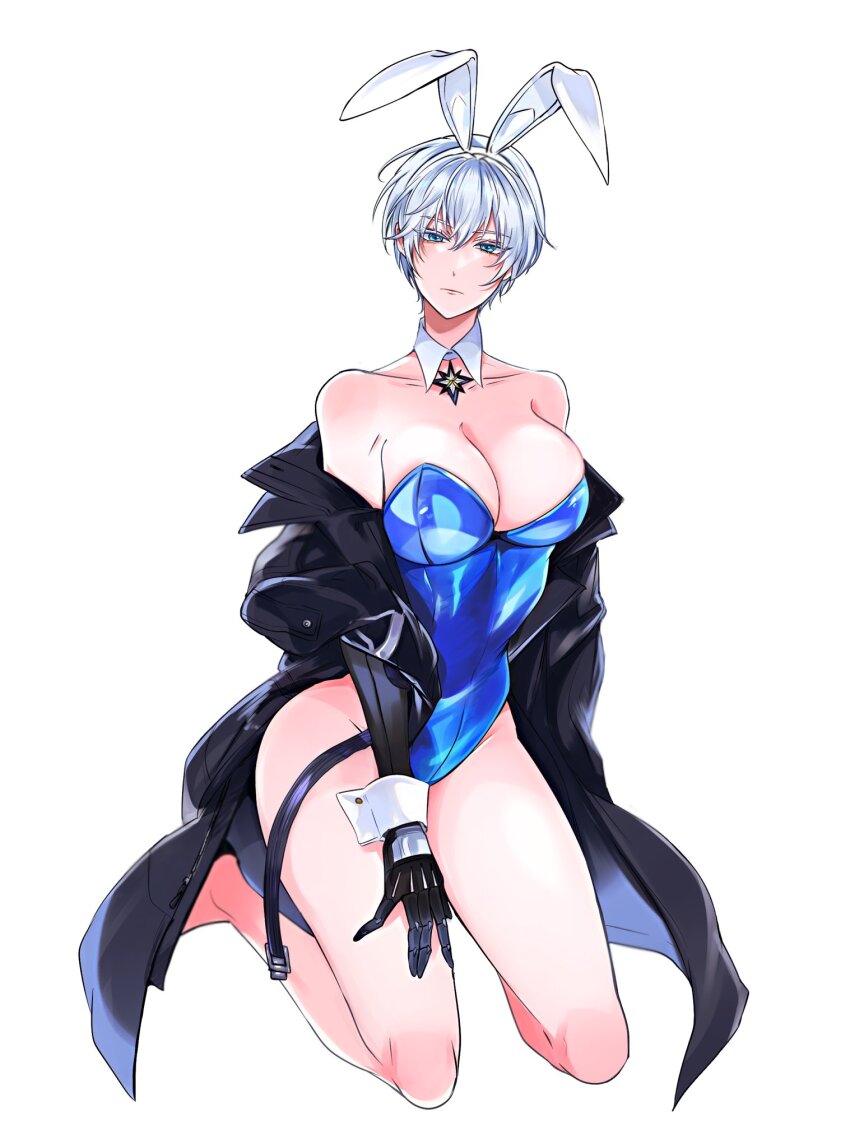 1girl animal_ears bare_shoulders black_coat blue_eyes blue_leotard breasts cleavage closed_mouth coat collarbone detached_collar dimjh fake_animal_ears frown genderswap genderswap_(mtf) goddess_of_victory:_nikke grey_hair highres jewelry johan_(nikke) kneeling large_breasts leotard looking_at_viewer mechanical_arms necklace off-shoulder_coat off_shoulder playboy_bunny rabbit_ears short_hair simple_background single_mechanical_arm solo strapless strapless_leotard white_background