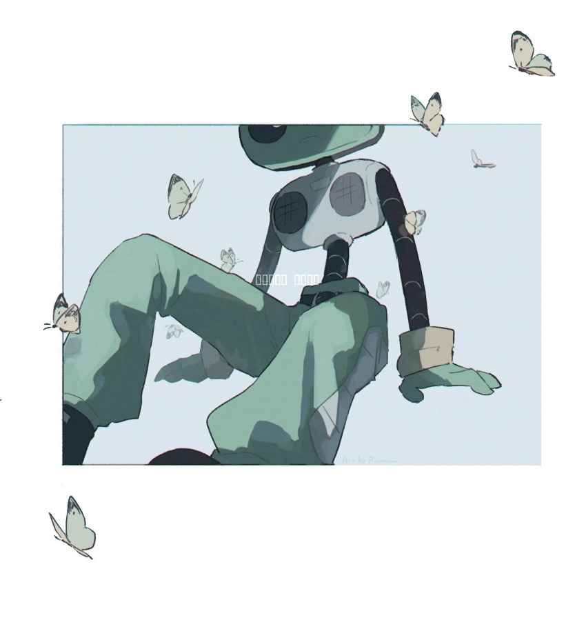 1boy arm_support belt black_belt black_footwear blue_background bug butterfly cd_player deltarune feet_out_of_frame gloves green_gloves green_pants head_out_of_frame highres humanoid_robot insect k_k_(deltarune) male_focus mechanical_arms object_head pants parted_lips puffy_pants robot ruannu simple_background sitting solo teeth yellow_butterfly yellow_eyes