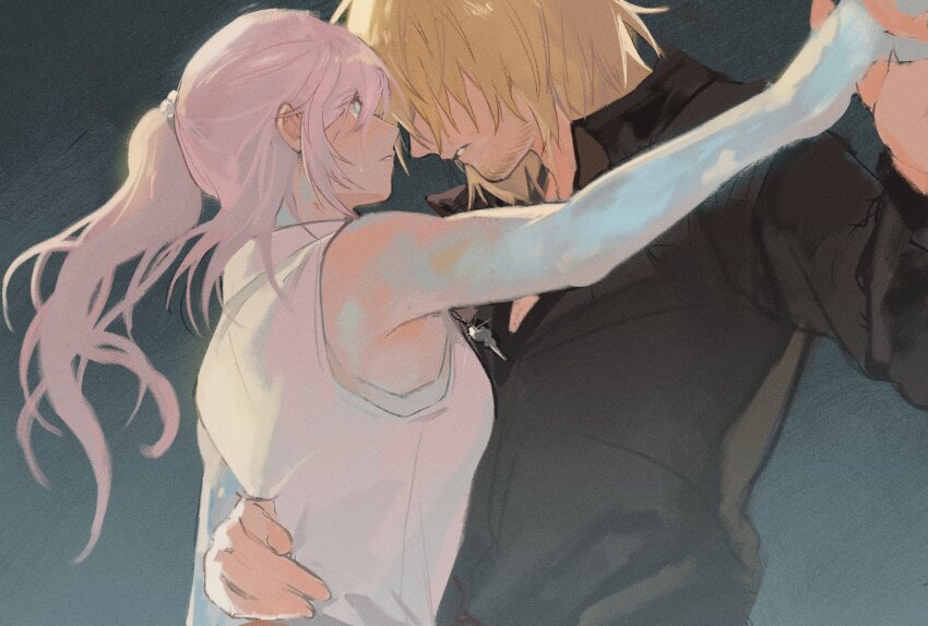 1boy 1girl blonde_hair blue_eyes commentary covered_eyes crying crying_with_eyes_open dancing english_commentary facial_hair final_fantasy final_fantasy_xiii frown garbage_paper glint hand_on_another&#039;s_back highres holding_hands jewelry lightning_returns:_final_fantasy_xiii long_hair looking_at_another medium_hair necklace parted_lips pink_hair serah_farron side_ponytail snow_villiers tears