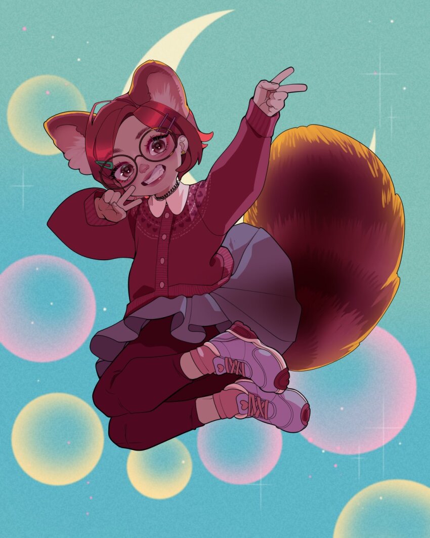 1girl animification braces brown_eyes brown_hair colette_(lettiebobettie) earrings glasses highres jewelry looking_at_viewer meilin_lee open_mouth panda_tail red_garter_belt red_hair red_panda_ears red_panda_girl red_panda_tail shirt smile turning_red